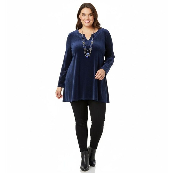 Susan Graver 3X Navy Velvet Tunic Pullover Relaxed Fit Swing Top Fall Winter Lux - Picture 1 of 11